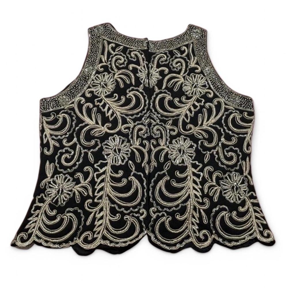 JKARA Black Gold Beaded Tank Top L Scallop Hem Cocktail Party Art Deco Glam - Picture 2 of 8